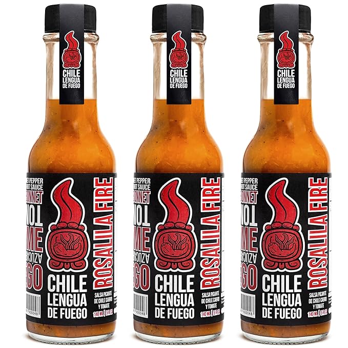 Hot Sauce | Chile Lengua de Fuego (Pack of 3, Rosalila Fire) – Medium Heat Red Sauce with Tomato, Thyme, Garlic & Scotch Bonnet
