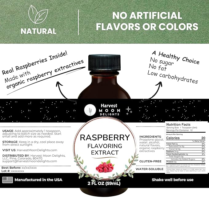 Natural Raspberry Extract - 2 oz - Water-Soluble - By Harvest Moon Delights - Raspberry Extract for Baking, Ice Cream, Drinks, and Candy - Flavoring - Sugar Free