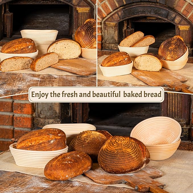 Sourdough Bread Baking Supplies Starter Kit, Banneton Proofing Basket Set: Round 9" & Oval 10", Gift Set