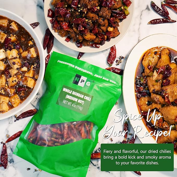 NPG Sichuan Red Chili Peppers 4 Ounces, Medium Hot, Premium Szechuan Dried Red Chilies for Chili Oil, Paste, and Sauce, Used in Mexican, Chinese, Thai Dishes