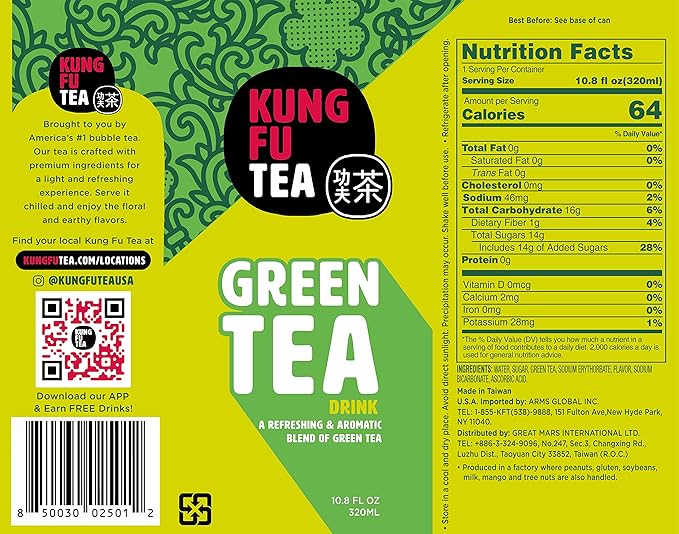 Kung Fu Tea Canned Green Tea – Lightly Sweetened Green Tea in a Can, Ready to Drink – All Natural, Premium Iced Tea – 10.8 oz Cans, Pack of 6