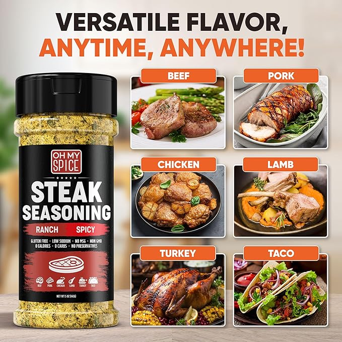 Steak Seasoning Spicy Ranch Seasoning Powder Mix - Gluten Free & Low Sodium Meat Seasonings for Ribeye, Beef & NY Strip Steak. Hot Ranch Powder Steaks Seasonings for Grilling. Dry BBQ Rub Spices. 5oz