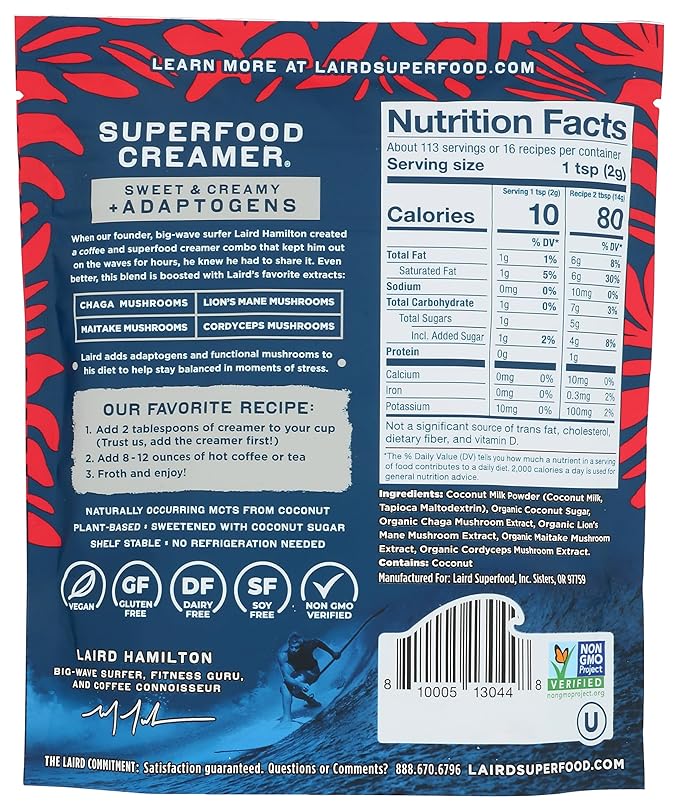 Laird Superfood Non-Dairy Coconut Powder Creamer - Sweet & Creamy + Adaptogens - Superfood Creamer with Functional Mushrooms - Non-GMO, Vegan, 8 oz. Bag, Pack of 1