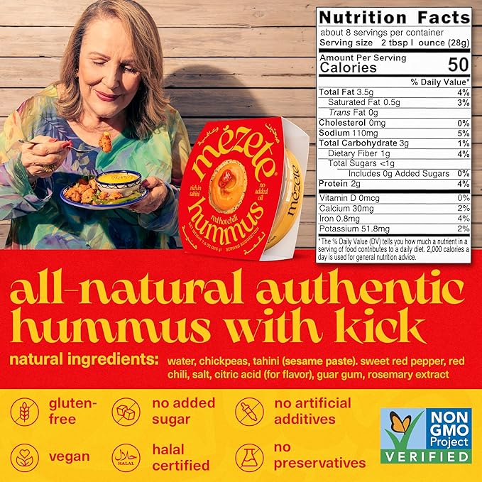 Mezete Red Hot Chili Hummus | Traditional Hummus Recipe | All-Natural Dips and Spreads | Ready to Eat | No Preservatives | Gluten-Free | No Refrigeration Required | 180g (Pack of 6)