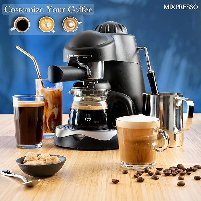 Mixpresso Espresso Maker, 3.5 Bar Espresso Machine With Milk Frother, 4 Cup Espresso/Cappuccino Maker, 800w Coffee Maker With Glass Carafe, Latte and Cappuccino Machine