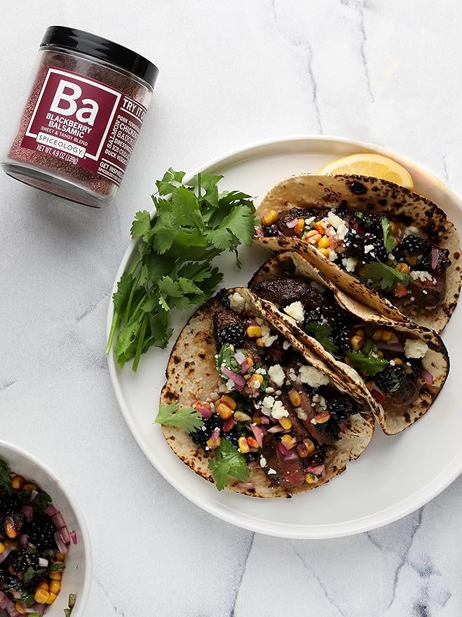 Spiceology ??Blackberry Balsamic Seasoning ??Sweet and Tangy Spice Blend with Blackberry and Balsamic Vinegar ??Ideal for Chicken, Pork, Duck, and Lamb ??4.9 oz