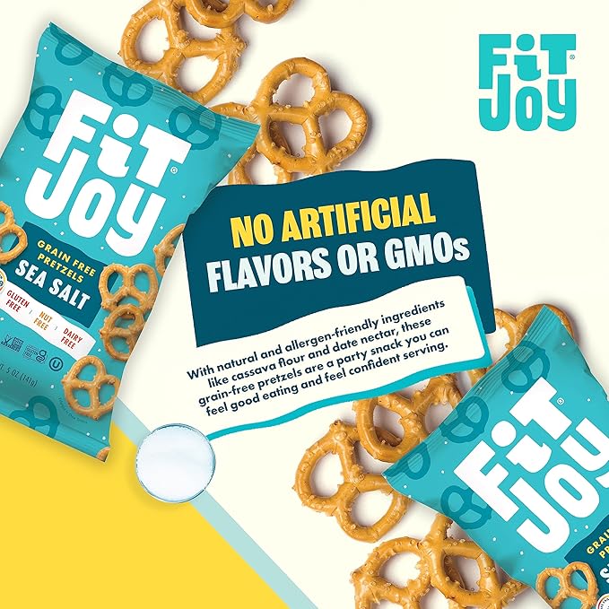 FitJoy Sea Salt Pretzels (Pack of 6, 5 Oz) - Dairy, Nut & Gluten Free Snacks - Grain Free Cassava Root & Chickpea Flour Vegan Pretzel Twists - Classic Snack Pretzels for Moms, Children and More