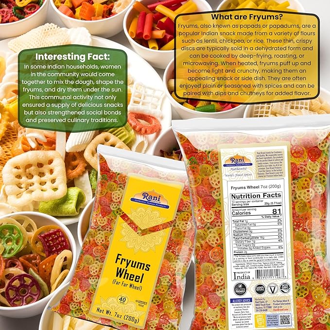 Rani Far Far/Fryums (Wheat & Tapioca Pellet) Wheel Shape 7oz (200g) ~ Vegan, Kosher, Uncooked, Used to Make Papad, Bhungra/Chip Snack