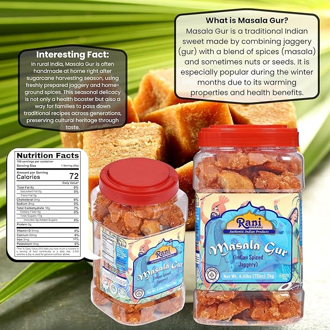 Rani Masala Gur (Jaggery) Indian Unrefined Raw Cane Sugar 70oz (4.4lbs) 2kg PET Jar ~ Gluten Friendly | Vegan | NON-GMO | No Salt or fillers | Indian Product