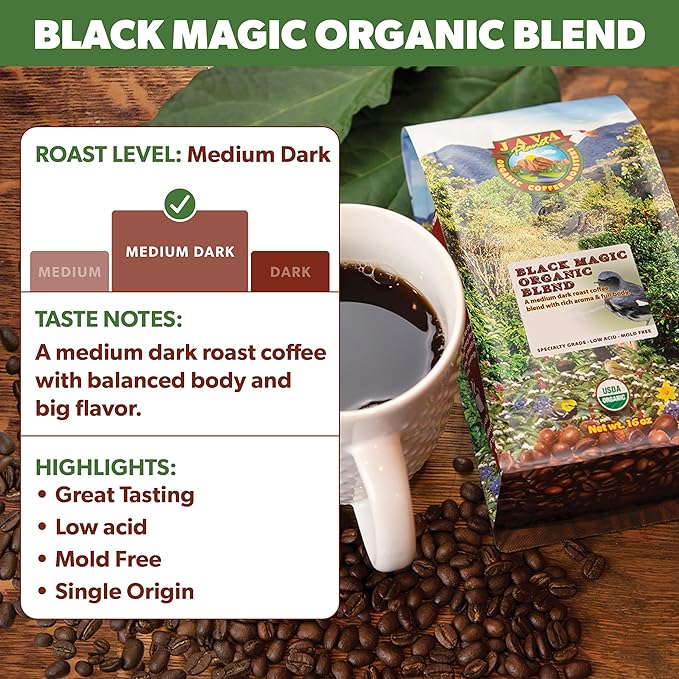 Low Acid Organic Coffee ??Whole Bean, Mold-Free & Stomach Friendly by Java Planet, Black Magic Blend Coffee, Medium Dark Roast, Smooth Full Flavored, 1LB Bag