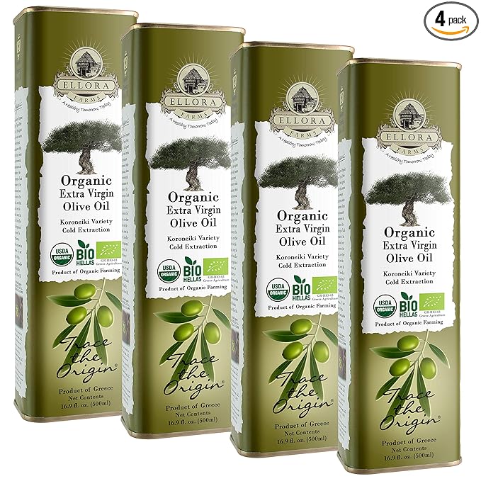 Ellora Farms, USDA Organic Extra Virgin Olive Oil, 2024 Harvest, Gold Award, Unfiltered, High Oleocanthal, Kosher 17 oz tin, Pack of 4