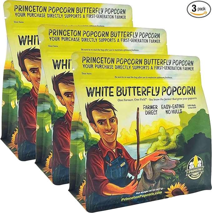 Princeton Popcorn White Butterfly Hulless Popcorn Kernels - Easy-Eating, Small Tender Popping Corn, Non-GMO Popcorn Kernels, No Hulls, Farmer Direct, Microwave Air Popper or Stovetop 3-Pack 2lb Bag 96oz