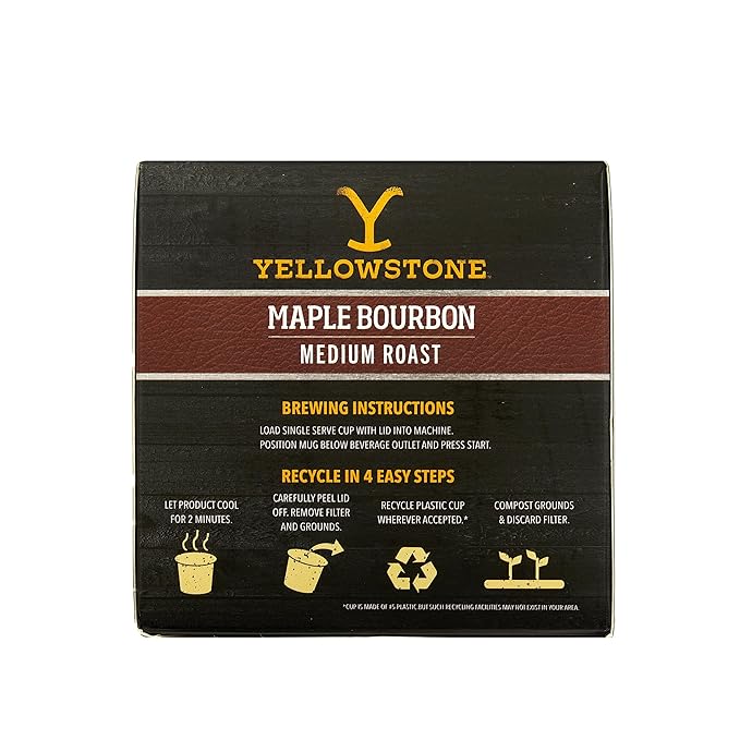 Yellowstone Maple Bourbon Medium Roast Coffee, Single Serve Recyclable Pods/Cups, 100% Arabica Beans, 36 Count