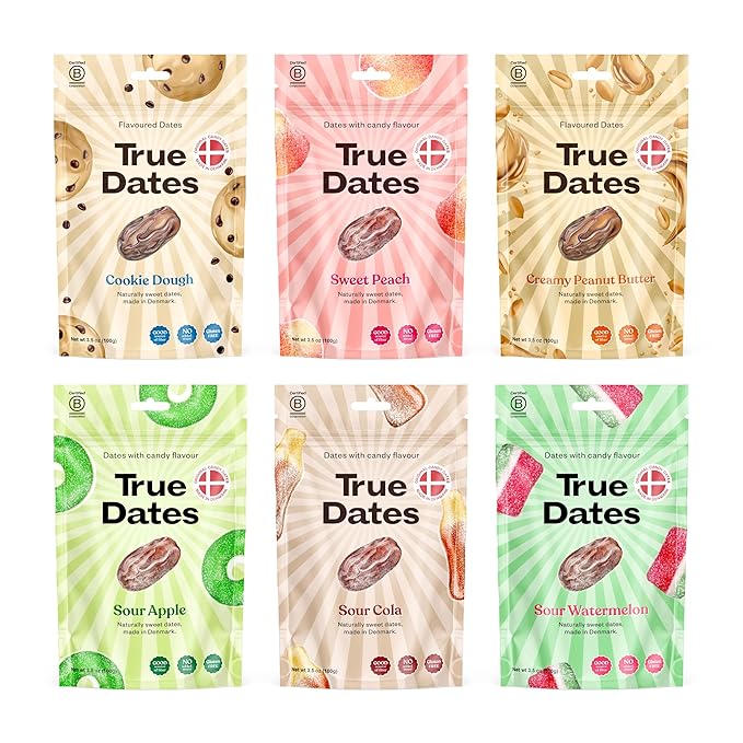 Candy Dates, Variety, 6-3.5 Ounce Bags (Creamy Peanut Butter, Cookie Dough, Sour Apple, Sour Cola, Sour Watermelon, Sweet Peach) - Dates With Candy Flavor, Vegan, No Added Sugar, Gluten Free