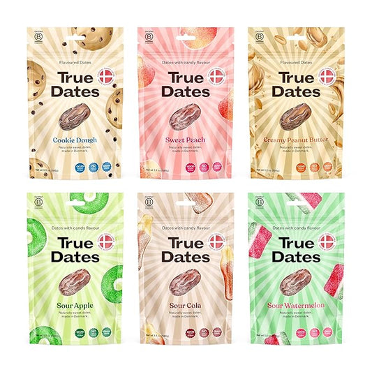Candy Dates, Variety, 6-3.5 Ounce Bags (Creamy Peanut Butter, Cookie Dough, Sour Apple, Sour Cola, Sour Watermelon, Sweet Peach) - Dates With Candy Flavor, Vegan, No Added Sugar, Gluten Free