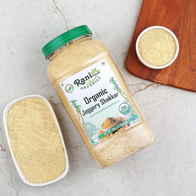 Rani Organic Jaggery Shakkar (Unrefined Evaporated Organic Sugar Cane Juice) 35oz (1kg) PET Jar ~ Gluten Friendly | Vegan | NON-GMO | No Salt or fillers | Indian Product | USDA Certified Organic
