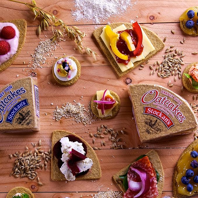 Stockan's Orkney Wholegrain Thin Oatcakes - Traditional Scottish Savoury Biscuits Imported from Scotland - 12 Packs (8 Oatcakes in Each Pack)