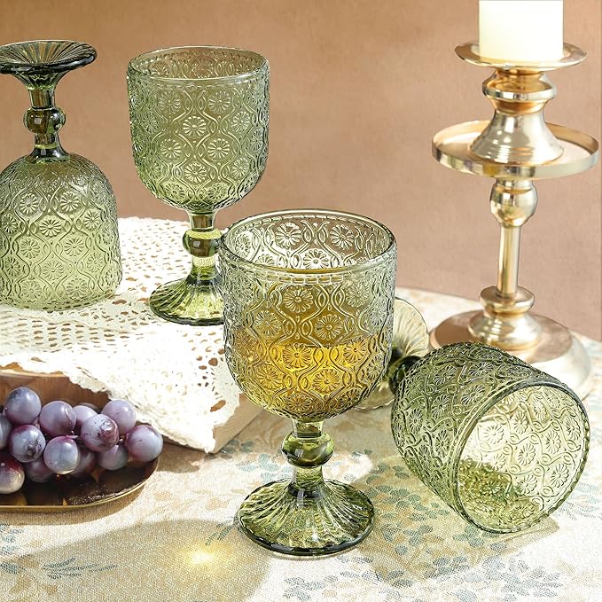 Joeyan Vintage Glass Wine Goblet,Green Embossed Floral Stemmed Wine Glasses,Colored Drinking Cups,Heavy-Duty Glassware for Wedding Party Bar,12 oz,Set of 4,Dishwasher Safe