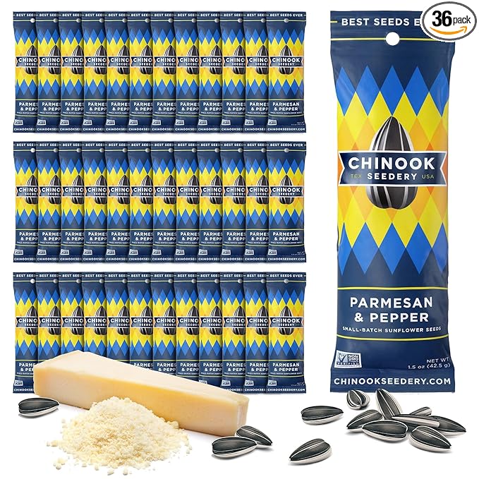 Chinook Seedery Roasted Sunflower Seeds to Eat -1.5 oz (Pack of 36) Parmesan & Pepper - Jumbo Low Sodium Sunflower Seeds Keto Snacks - Adventure, Baseball, School Snacks - Gluten Free, Non GMO Snacks