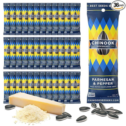 Chinook Seedery Roasted Sunflower Seeds to Eat -1.5 oz (Pack of 36) Parmesan & Pepper - Jumbo Low Sodium Sunflower Seeds Keto Snacks - Adventure, Baseball, School Snacks - Gluten Free, Non GMO Snacks