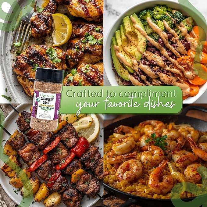 FreshJax® Organic Caribbean Jerk Seasoning ??Low Sodium 5.6 oz | Authentic Jamaican Jerk Spice Blend & Dry Rub | Non-GMO, Gluten-Free, Keto, Paleo | No Preservatives | Caribbean BBQ Marinade