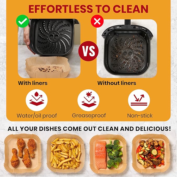 Air Fryer Paper Liners, 125Pcs Air Fryer Disposable Liners, Non-Stick and Oil Proof for Easy Cleanup, 8??Square for 5-8 qt Basket by Baker's Signature