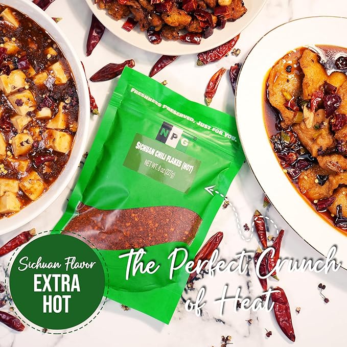 NPG Authentic Sichuan Chili Flakes 8 Ounce, Extra Hot, Szechuan Crushed Red Pepper Flake Bulk, Essential Spice Seasoning for Making Kimchi, Chili Oil, Stir-fry, Pizza, Salads, and Tacos