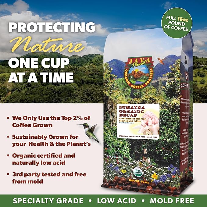 Low Acid Organic Coffee ??Whole Bean, Mold-Free & Stomach Friendly by Java Planet, Sumatran Single Origin Decaf Coffee, Dark Roast, Smooth Full Flavored, 1LB Bag