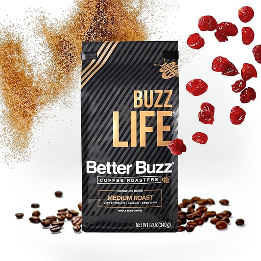 Better Buzz Life Blend (Buzz Life) Whole Bean Coffee Medium Roast, 12 Ounce (Pack of 1), Small Batch Roasted Arabica Coffee Beans, Dark Chocolate Notes