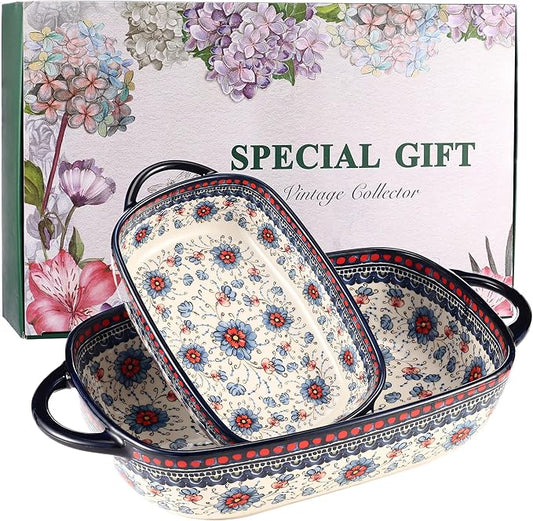 Ceramic Baking Dish Set of 2 ??Decorative Polish Pottery Style Casserole Dishes with Handles, Cute Oven-Safe Lasagna Bakeware Gift Set