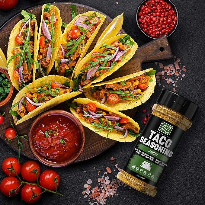 Taco Seasoning Mix Garlic Powder - Gluten Free & Low Sodium Mexican Seasoning Blend for Taco Tuesday Night. Garlic and Herb Seasonings for Fajita & Burrito. Meat, Chicken & Fish Tacos Toppings. 4.7oz