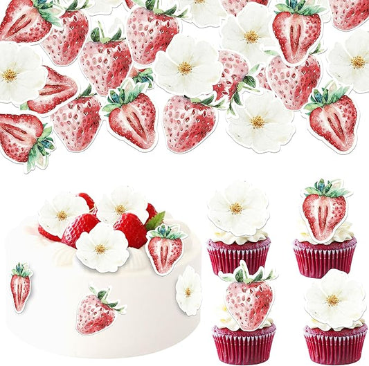60 PCS Edible Flower Strawberry Cupcake Toppers Strawberry Birthday Cake Decorations Edible Berry Strawberry Baby Shower Cupcake Picks for Wedding Engagement Bridal Shower Birthday Party Supplies
