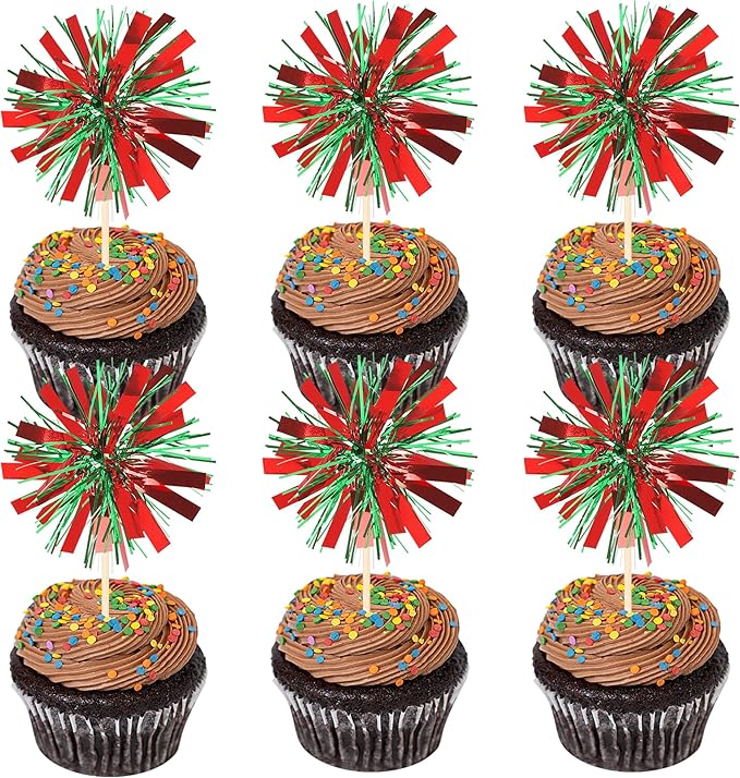 30 PCS Foil Firework Cupcake Toppers Sparkle Tinsel Cupcake Picks Happy Birthday Cake Decorations Drink Stirrers Cocktail Food Fruit Toothpicks for Baby Shower Graduation Party Supplies Red Green