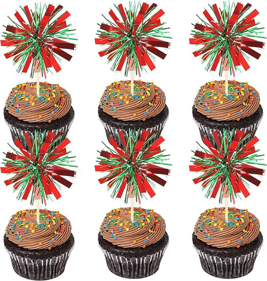 30 PCS Foil Firework Cupcake Toppers Sparkle Tinsel Cupcake Picks Happy Birthday Cake Decorations Drink Stirrers Cocktail Food Fruit Toothpicks for Baby Shower Graduation Party Supplies Red Green