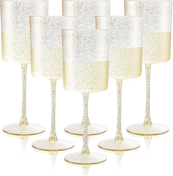 Ciaell 6 Pack Gold Plastic Wine Glasses - 10 Oz Disposable Glasse with Stem - Disposable Wine Glasses Perfect for Parties & Weddings & Poolside & Outdoors & Camping & Thanksgiving