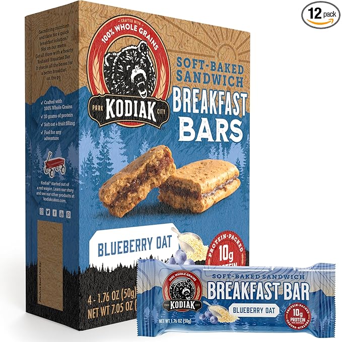 Kodiak Cakes Soft Baked Sandwich Breakfast Bar, Blueberry Oat, High Protein, 100% Whole Grains, 12 boxes with 4 bars each (48 bars total)