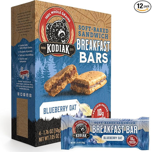 Kodiak Cakes Soft Baked Sandwich Breakfast Bar, Blueberry Oat, High Protein, 100% Whole Grains, 12 boxes with 4 bars each (48 bars total)