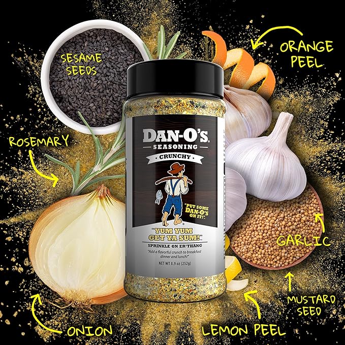 Dan-O's Crunchy Seasoning, 8.9 oz Bottle, Everything Seasoning for Fish, Eggs, Salads, Veggies and More, Sugar Free, Zero Calorie, Use this Spice Blend for Everything from Breakfast to Dinner