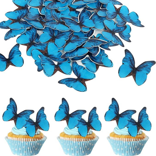 48PCS Edible Butterfly Cupcake Toppers Edible Butterfies for Cake Decorating Wafer Paper Edible Butterfly Cupcake Picks for Wedding Anniversary Kids Birthday Party Cake Decorations Supplies Blue