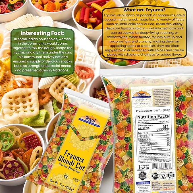 Rani Far Far/Fryums (Wheat & Tapioca Pellet) Bhindi Shape 7oz (200g) ~ Vegan, Kosher, Uncooked, Used to Make Papad, Bhungra/Chip Snack
