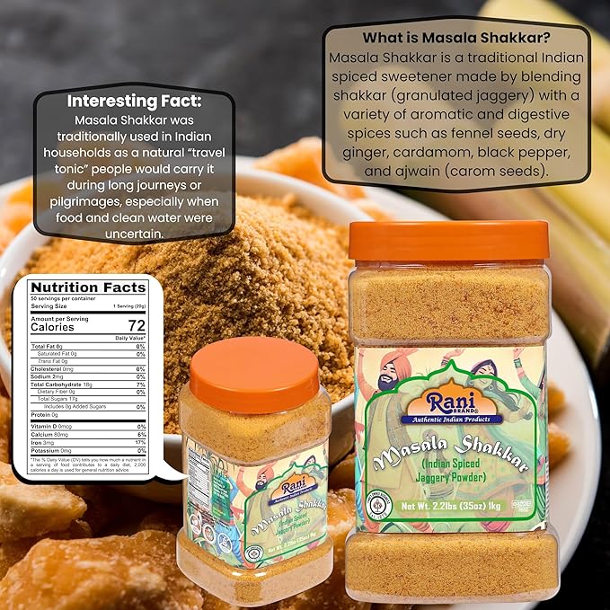 Rani Masala Shakkar (Indian Spiced Jaggery Powder) Unrefined Raw Cane Sugar 35oz (2.2lbs) 1kg PET Jar ~ Gluten Friendly | Vegan | NON-GMO | Kosher | No Salt or fillers | Indian Product