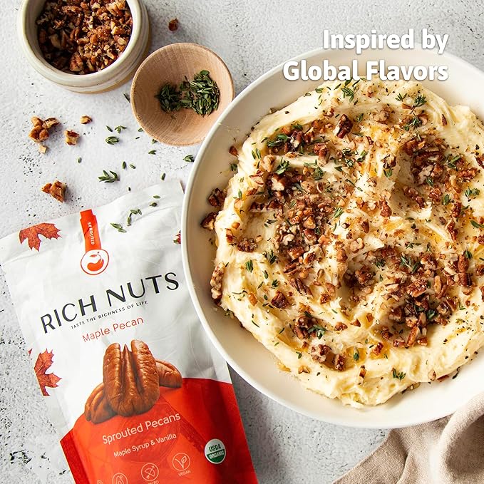 Rich Nuts Maple Pecan Gourmet Sprouted Pecans | Vegan, Paleo, Keto | Made with Maple Syrup, Vanilla Extract and Sea Salt | Non-Roasted from Dehyrdated Germinated Raw, Whole Pecans | 4 Oz Bag (2 Pack)