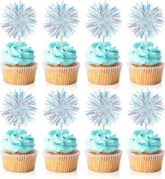 30PCS Foil Firework Cupcake Toppers, Takemay Happy Birthday Blue Cake Toppers, Sparkle Tinsel Flower Drink Stirrers Cocktail Food Fruit Toothpicks for Xmas Party Birthday Wedding Ceremony