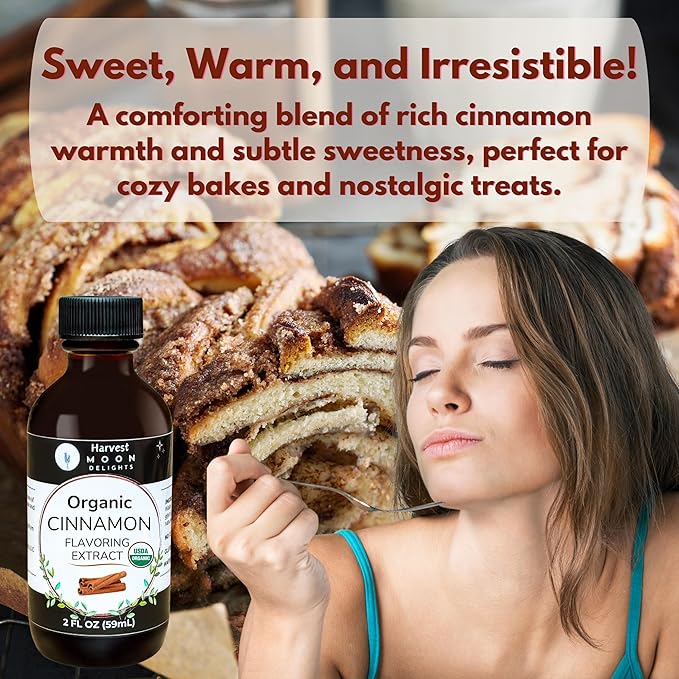 Organic Cinnamon Flavoring Extract for Baking, Ice Cream, Drinks, and Candy - 2 oz - Water-Soluble - By Harvest Moon Delights - Pure Cinnamon Extract, Flavoring, Flavor