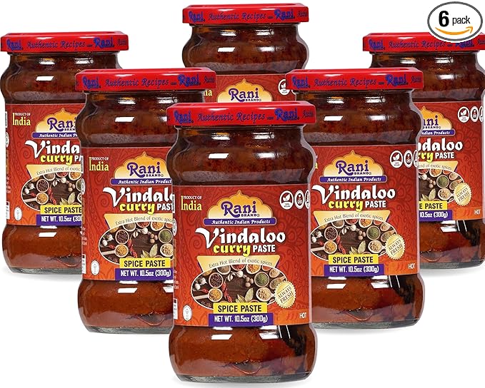 Rani Vindaloo Curry Cooking Spice Paste, Hot! 10.5oz (300g) Glass Jar, Pack of 5+1 FREE ~ No Colors | All Natural | NON-GMO | Kosher | Vegan | Gluten Free | Indian Origin