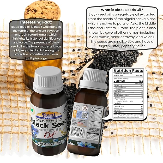 Rani Pure Black Seed (Nigella, Kalonji) Oil 1.69 Fl oz (50ml) Cold Pressed ~ 100% Cholesterol Free | All Natural | Gluten Free | NON-GMO | Kosher | Vegan | Indian Origin