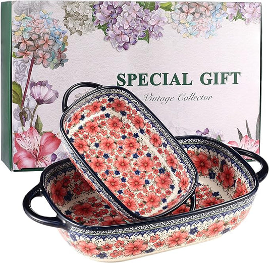 Ceramic Baking Dish Set of 2 ??Decorative Polish Pottery Style Casserole Dishes with Handles, Cute Oven-Safe Lasagna Bakeware Gift Set