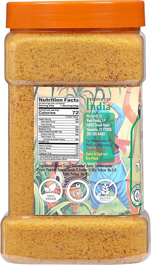 Rani Masala Shakkar (Indian Spiced Jaggery Powder) Unrefined Raw Cane Sugar 35oz (2.2lbs) 1kg PET Jar ~ Gluten Friendly | Vegan | NON-GMO | Kosher | No Salt or fillers | Indian Product