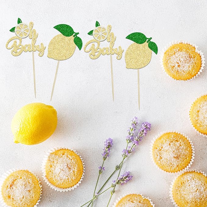 24Pcs Lemon Oh Baby Cupcake Toppers Glitter Fruit Theme Oh Baby Lemonade Party Cupcake Picks for Lemon Theme Baby Shower Kids Boys Girls Birthday Party Cake Decorations Supplies