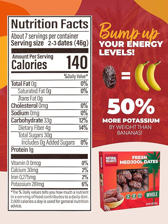 Natural Delights Medjool Dates – Large & Plump Whole Dates Medjool, Non-GMO Verified, Good Source of Fiber, Naturally Sweet Fruit Snack, Perfect for On-the-Go - Medjool Dates Whole, 5 lb Box